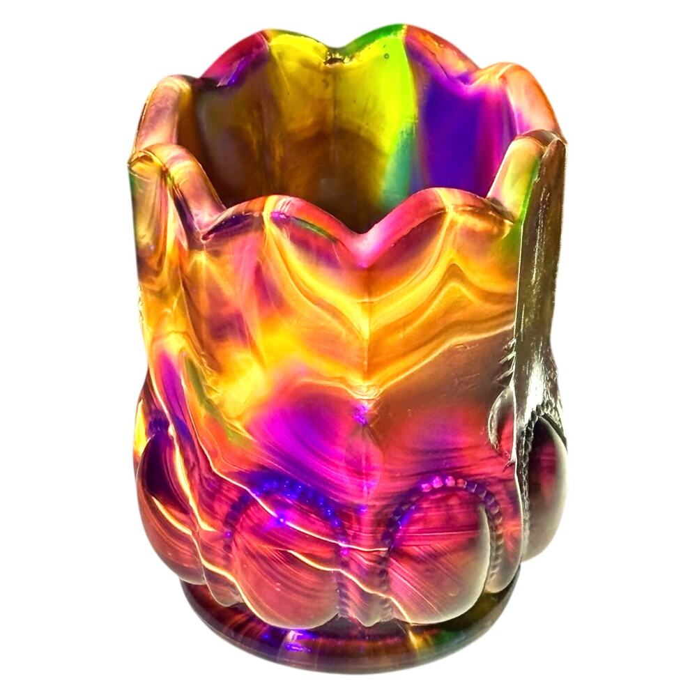 Boyd Glass Toothpick Holder 1999 Beaded Oval Autumn Harvest Blacklight GLOW OOAK